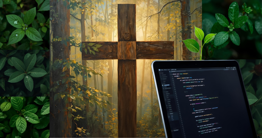 Ilustración que representa la conexión entre fe católica (cruz de madera), tecnología moderna (código en tablet) y cuidado de la creación (hojas verdes), simbolizando la ecología integral de Laudato Si